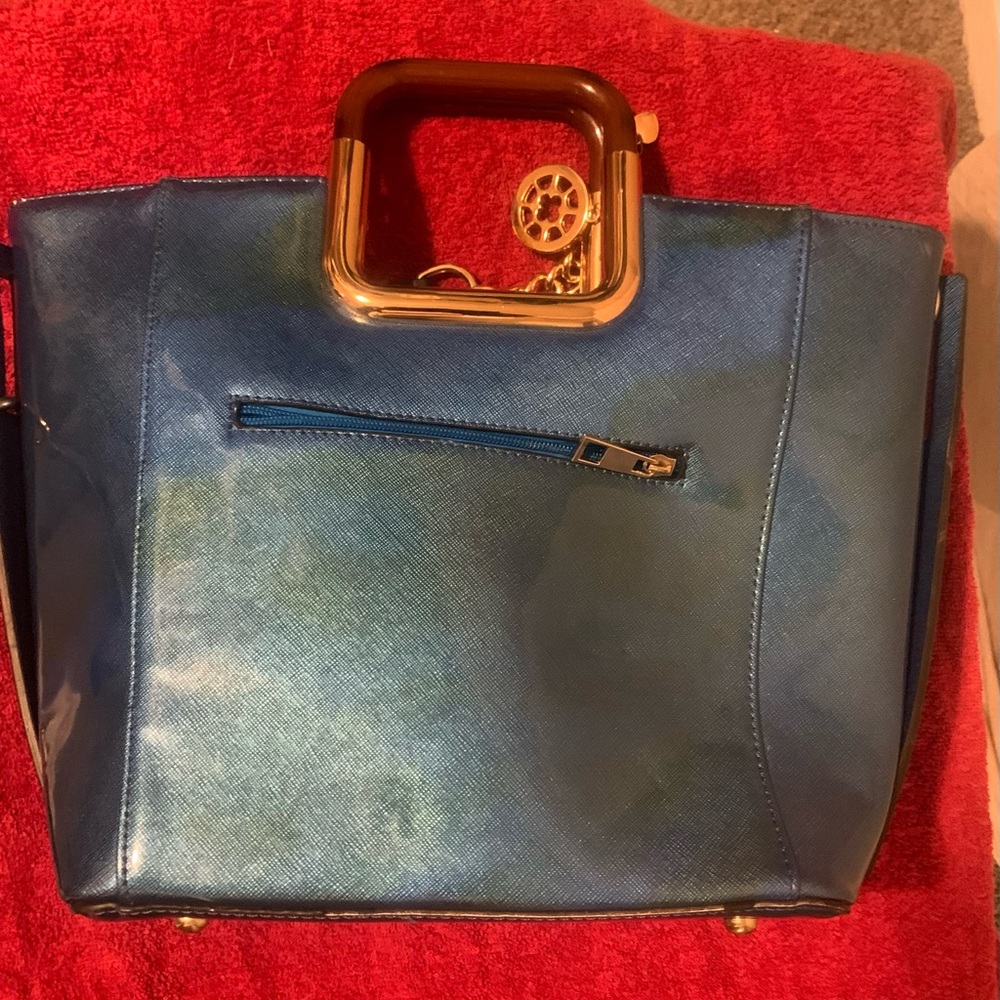 Chic Turquoise Tote with Wooden & Gold plated Handle